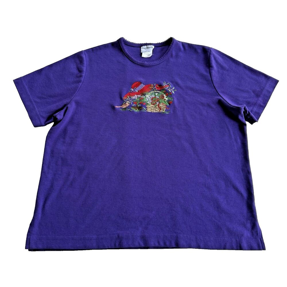 Vtg BonWorth Red Hat Society Purple Embroidered Floral Top Shirt Sz PETITE M
